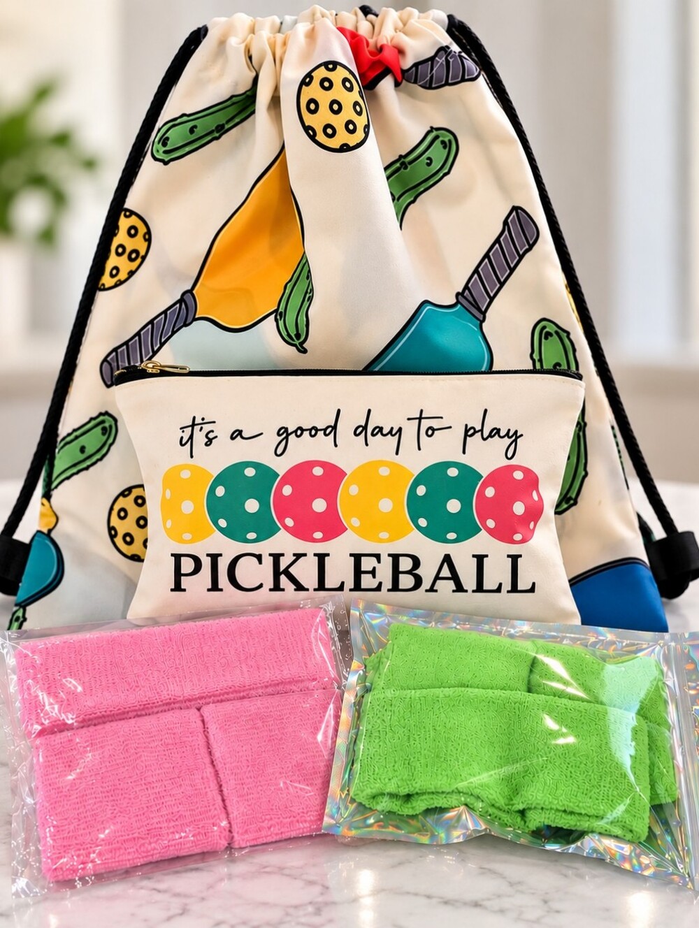 Pickleball Drawstring Backpack & Accessory Set Wristbands Zipper Pouch Colorful